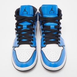 Pre Owned Air Jordans Tricolor Patent and Leather Air Jordan 1 Mid Signal Blue Sneakers Size 40