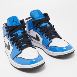 Pre Owned Air Jordans Tricolor Patent and Leather Air Jordan 1 Mid Signal Blue Sneakers Size 40