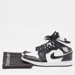 Pre Owned Air Jordans Black/White Leather Jordan 1 Mid Panda Sneakers Size 40