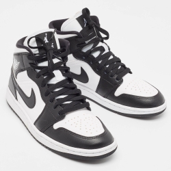 Pre Owned Air Jordans Black/White Leather Jordan 1 Mid Panda Sneakers Size 40