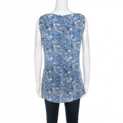 Akris Blue Marina Grande Print Silk Sleeveless Blouse M