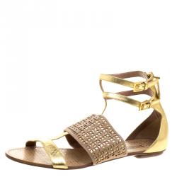 Pre Owned Alaia Gold And Beige Cutout Suede T-Strap Flat Gladiator Sandals Size 40.5