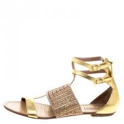 Pre Owned Alaia Gold And Beige Cutout Suede T-Strap Flat Gladiator Sandals Size 40.5