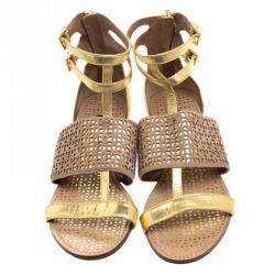 Pre Owned Alaia Gold And Beige Cutout Suede T-Strap Flat Gladiator Sandals Size 40.5