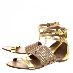 Pre Owned Alaia Gold And Beige Cutout Suede T-Strap Flat Gladiator Sandals Size 40.5