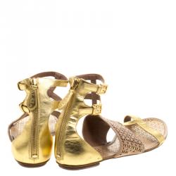 Pre Owned Alaia Gold And Beige Cutout Suede T-Strap Flat Gladiator Sandals Size 40.5