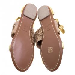 Pre Owned Alaia Gold And Beige Cutout Suede T-Strap Flat Gladiator Sandals Size 40.5