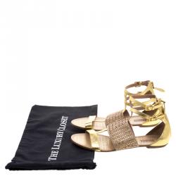 Pre Owned Alaia Gold And Beige Cutout Suede T-Strap Flat Gladiator Sandals Size 40.5