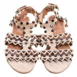 Pre Owned Alaia Beige Stud Embellished Cutout Suede Ankle Strap Flat Sandals Size 39