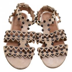 Pre Owned Alaia Beige Stud Embellished Cutout Suede Ankle Strap Flat Sandals Size 39.5