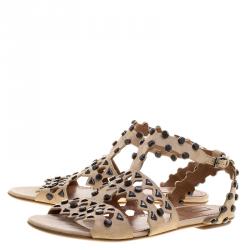 Pre Owned Alaia Beige Stud Embellished Cutout Suede Ankle Strap Flat Sandals Size 39.5