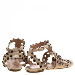 Pre Owned Alaia Beige Stud Embellished Cutout Suede Ankle Strap Flat Sandals Size 39.5