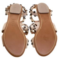 Pre Owned Alaia Beige Stud Embellished Cutout Suede Ankle Strap Flat Sandals Size 39.5