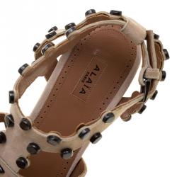 Pre Owned Alaia Beige Stud Embellished Cutout Suede Ankle Strap Flat Sandals Size 39.5