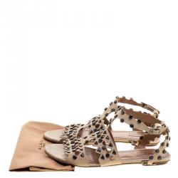 Pre Owned Alaia Beige Stud Embellished Cutout Suede Ankle Strap Flat Sandals Size 39.5