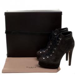 Alaia Grey Suede Velour Platform Lace Up Ankle Boots Size 37