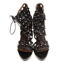 Alaia Black Studded Leather Lace Up Open Toe Platform Booties Size 41