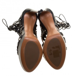 Alaia Black Studded Leather Lace Up Open Toe Platform Booties Size 41