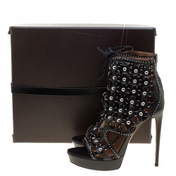 Alaia Black Studded Leather Lace Up Open Toe Platform Booties Size 41