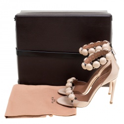 Pre Owned Alaia Beige Patent Leather Bombe Stud Embellished Open Toe Sandals Size 36