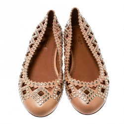 Pre Owned Alaia Beige Studded Cut Out Leather Ballet Flats Size 38