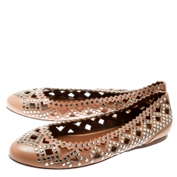 Pre Owned Alaia Beige Studded Cut Out Leather Ballet Flats Size 38