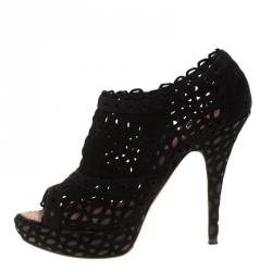 Pre Owned Alaia Black Laser Cut Suede Peep-Toe Platform Booties Size 39