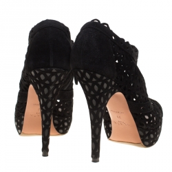Pre Owned Alaia Black Laser Cut Suede Peep-Toe Platform Booties Size 39