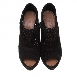 Pre Owned Alaia Black Laser Cut Suede Peep-Toe Platform Booties Size 39