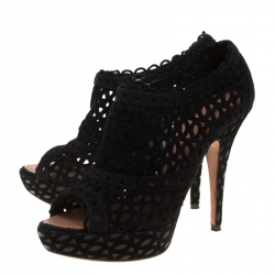 Pre Owned Alaia Black Laser Cut Suede Peep-Toe Platform Booties Size 39