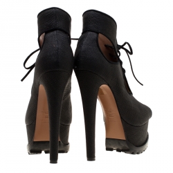 Alaia Black Canvas Cut Out Lace Up Platform Booties Size 38.5