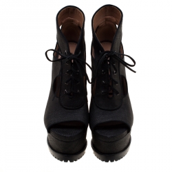 Alaia Black Canvas Cut Out Lace Up Platform Booties Size 38.5