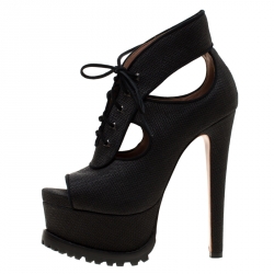 Alaia Black Canvas Cut Out Lace Up Platform Booties Size 38.5