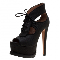 Alaia Black Canvas Cut Out Lace Up Platform Booties Size 38.5