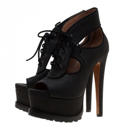 Alaia Black Canvas Cut Out Lace Up Platform Booties Size 38.5