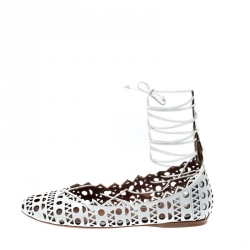 Alaia White Cutout Leather Lace Up Ballet Flats Size 38.5