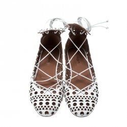 Alaia White Cutout Leather Lace Up Ballet Flats Size 38.5