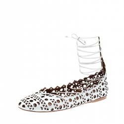 Alaia White Cutout Leather Lace Up Ballet Flats Size 38.5