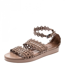 Alaia Beige Laser Cut Ankle Strap Flat Sandals Size 40