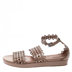 Alaia Beige Laser Cut Ankle Strap Flat Sandals Size 40