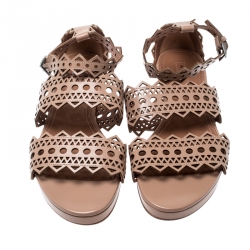Alaia Beige Laser Cut Ankle Strap Flat Sandals Size 40