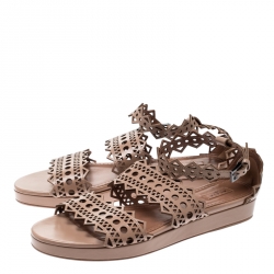 Alaia Beige Laser Cut Ankle Strap Flat Sandals Size 40