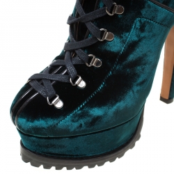 Pre Owned Alaia Emerald Green Velvet And Black Leather Hiker Platform Lace Up Boots Size 39