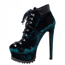 Pre Owned Alaia Emerald Green Velvet And Black Leather Hiker Platform Lace Up Boots Size 39