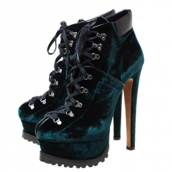 Pre Owned Alaia Emerald Green Velvet And Black Leather Hiker Platform Lace Up Boots Size 39