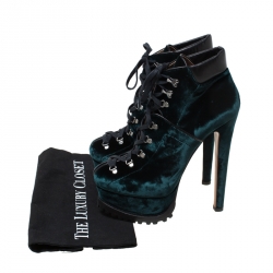 Pre Owned Alaia Emerald Green Velvet And Black Leather Hiker Platform Lace Up Boots Size 39