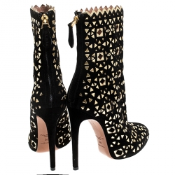 Pre Owned Alaia Black Suede Embellished Lazer Cut Ankle Boots Size 39