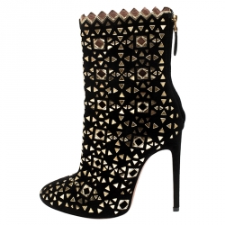 Pre Owned Alaia Black Suede Embellished Lazer Cut Ankle Boots Size 39