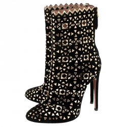Pre Owned Alaia Black Suede Embellished Lazer Cut Ankle Boots Size 39