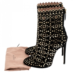 Pre Owned Alaia Black Suede Embellished Lazer Cut Ankle Boots Size 39